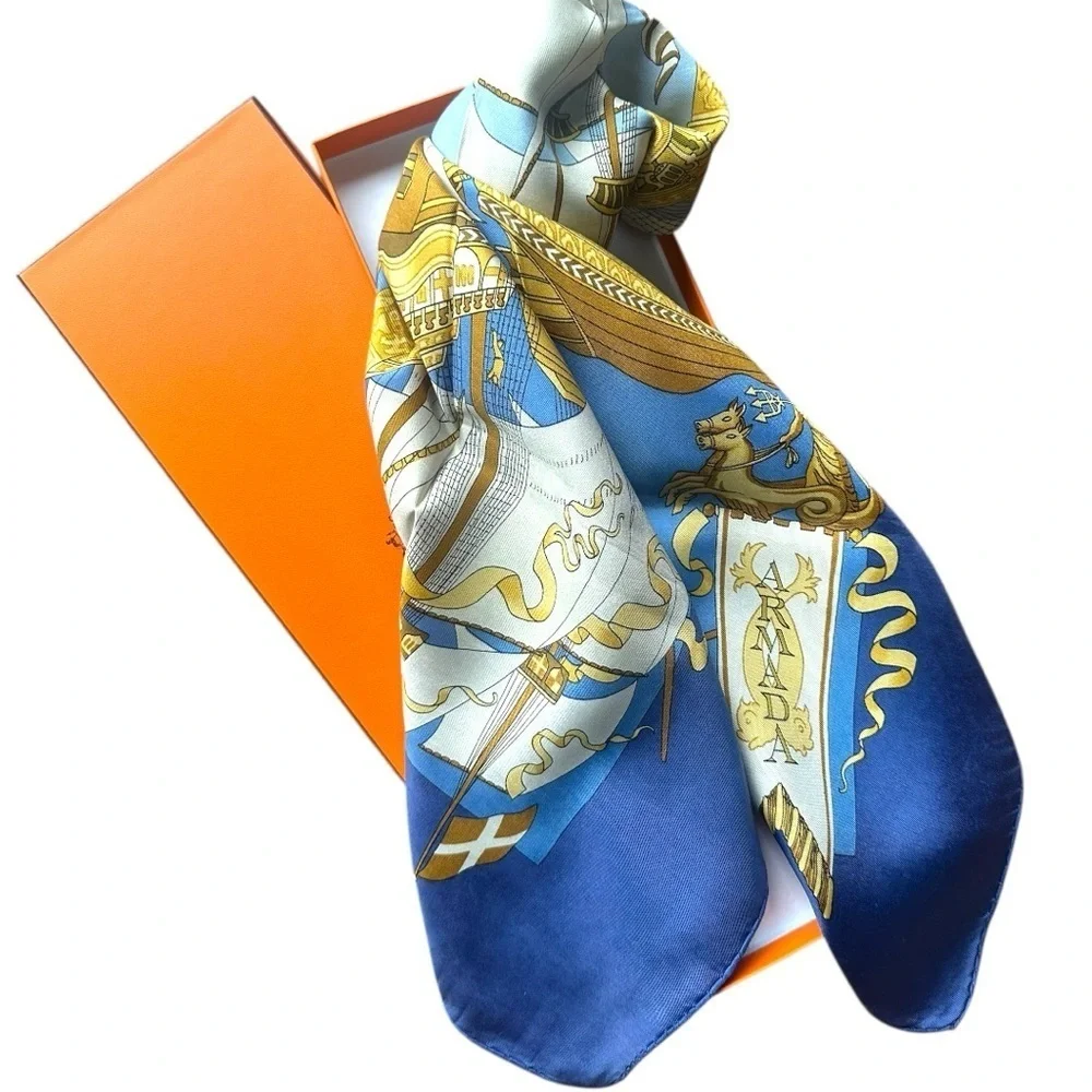 Hermès “Armada” Carre 90 Classic Blue & Gold Ships Nautical Silk Scarf w/Box